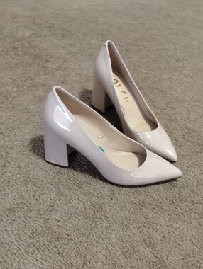 Unisa Patent Pointed Block Heel Pumps in Light Beige